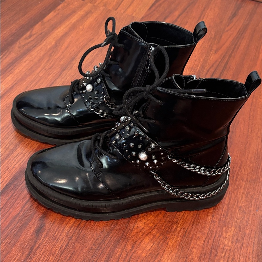 Jessica Simpson Black Patent Leather Boots with Chains and Pearls